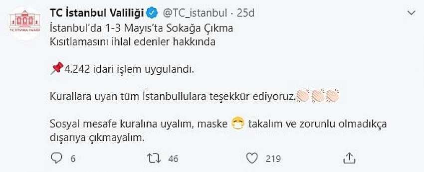 İstanbul’da sokağa çıkma kısıtlamasını ihlal eden 4 bin 242 kişiye idari işlem uygulandı