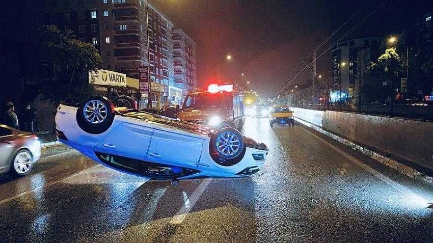 Takla atan otomobilden burnu kanamadan çıktı