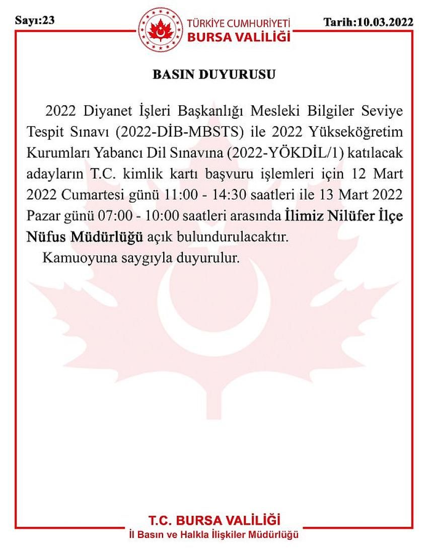 Bursa Valiliği duyurdu: Nilüfer İlçe Nüfus Müdürlüğü açık olacak  